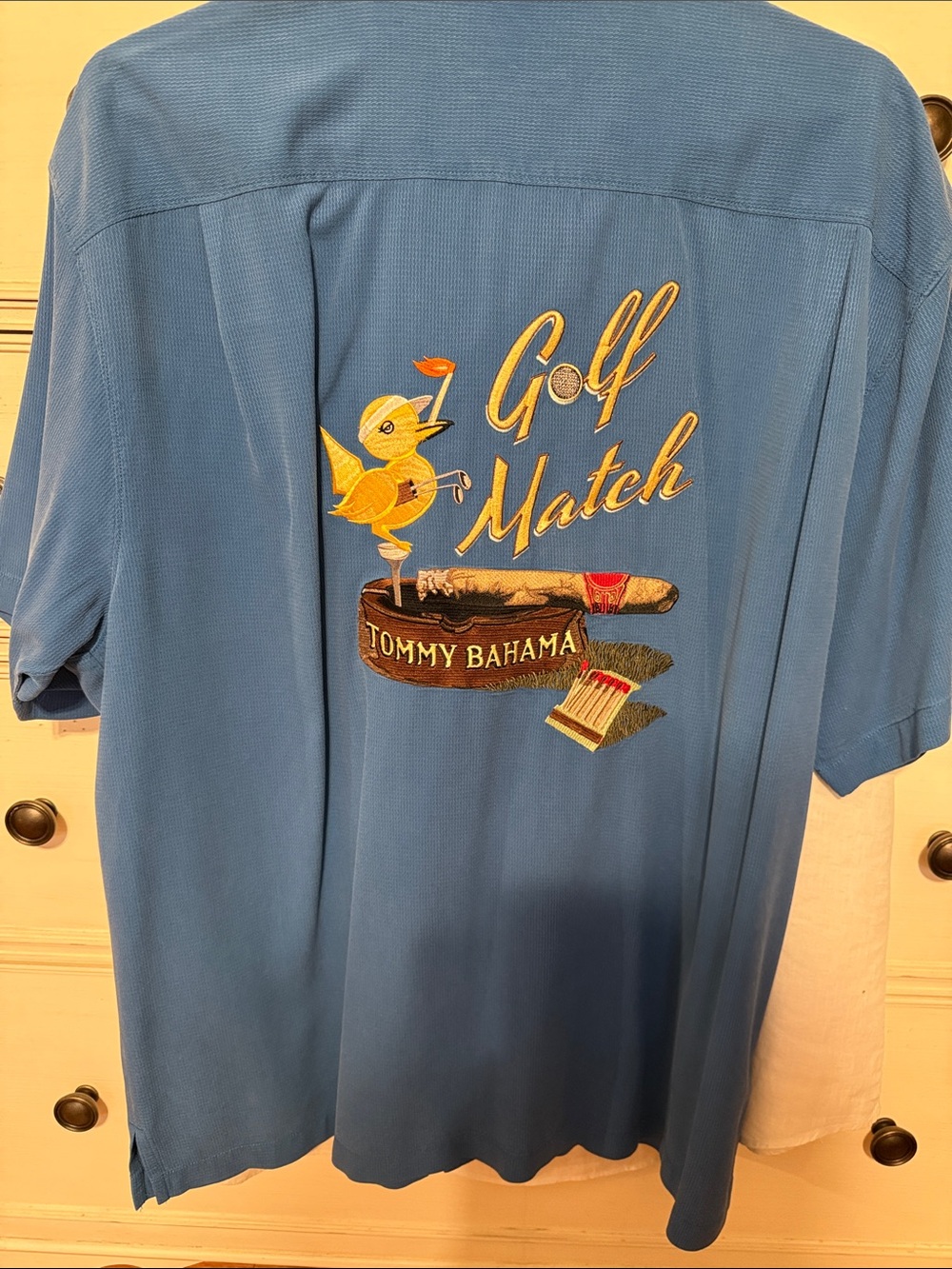 Tommy Bahama Blue Camp Shirt with Yellow Embroidered 'Golf Match' Motif